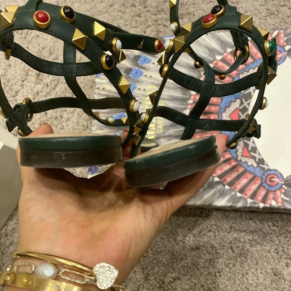 Valentino rockstuds forest green leather gladiator sandals flats shoes - Picture 3 of 6